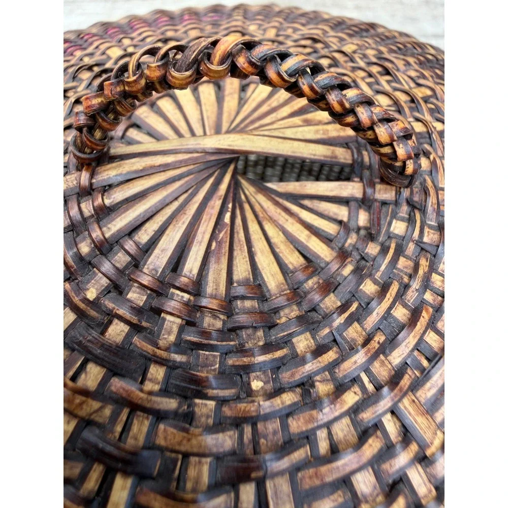 Vintage Hand Woven Bamboo Basket with Lid Dark Brown Boho Decorative Storage 14